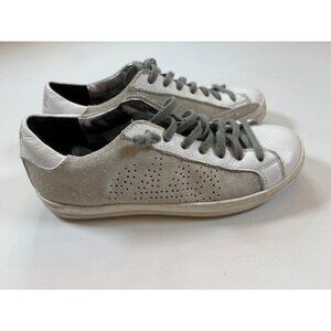 P448 Low-Top Sneakers White/Silver Leather Suede Lace-Up Shoes sz 38 (US 7.5)